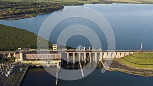 Aerial view of small hydroelectric plant on the tiete river
