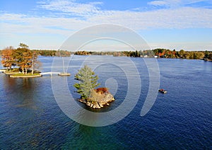 The aerial view of a small island by St Lawrence River near Wellesley Island, New York, U.S.A