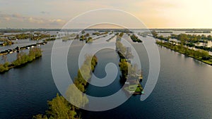 Aerial view of small islands in the Lake Vinkeveense Plassen, near Vinkeveen, Holland. It is a beautiful nature area for