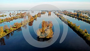 Aerial view of small islands in the Lake Vinkeveense Plassen, near Vinkeveen, Holland. It is a beautiful nature area for