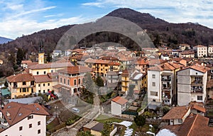 Aerial view of small Italian village Bedero Valcuvia at winter season, situated in province of Varese, Italy photo