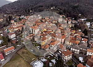 Aerial view of small Italian village Bedero Valcuvia at winter season, situated in province of Varese, Italy photo
