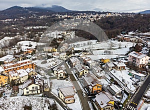 Aerial view of small Italian village Ferrera di Varese at winter season, situated in province of Varese, Italy