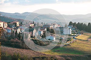 Aerial view of a small Italian village and landscape in Tuscany. San Casciano dei Bagni