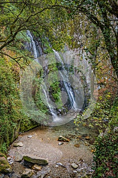 Aerial view of a small lake formed by waterfalls in Fraga da Pena, Pardieiros - Arganil PORTUGAL photo