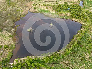 Aerial view of a small lake on island of Hrisey in Iceland