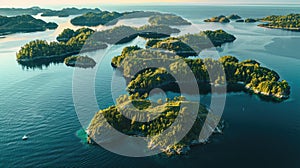 Aerial view of small lake islands surrounded by blue waters and sandy beaches AIG50