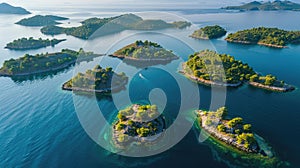 Aerial view of small lake islands surrounded by blue waters and sandy beaches AIG50