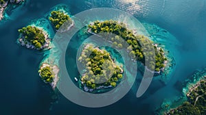 Aerial view of small lake islands surrounded by blue waters and sandy beaches AIG50