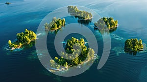 Aerial view of small lake islands surrounded by blue waters and sandy beaches AIG50