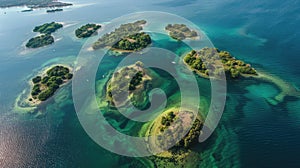 Aerial view of small lake islands surrounded by blue waters and sandy beaches AIG50