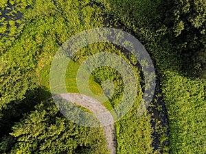 Aerial view small path alongside trees and creek