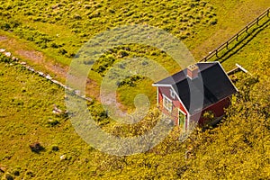 Aerial view of a small Swedish farm house