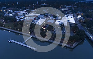Aerial view of the small town of Beaufort, South Carolina at night