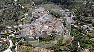 Aerial view of the small town of Beniali, located in the Gallinera valley north of Alicante, Spain. Town in the Valencian