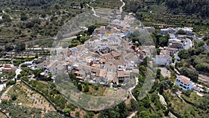 Aerial view of the small town of Beniali, located in the Gallinera valley in the north of Alicante, Spain. Traditional town of