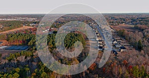 Aerial view of small town in Boiling Spring South Carolina with autumn fall season the residential street, single family