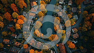 Aerial view of small town placed alongside winding river. Colorful houses with line the riverbank with trees around