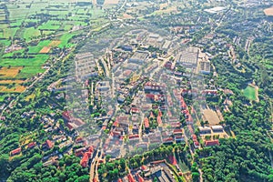 Aerial view of a small town in the rural area of Europe photo