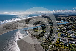 Aerial view of the small town of Waikawa Beach on the Kapiti Coast of New Zealand