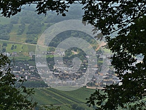 Aerial view of small village Bremm in Rhineland-Palatinate, Germany, located on the riverbank of Moselle.