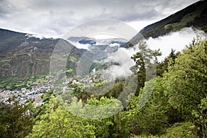 Aerial view of a small village of Encamp, located in Pyrenees Mountains,in Andorra. Great place for hiking, trekking, camping.