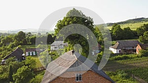 Aerial view of small village with small houses among green trees with farm fields and distant forest in summer.