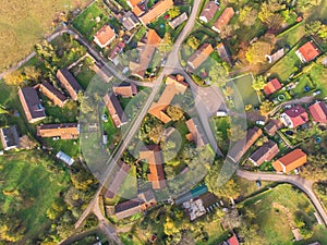 Aerial view of a small village.Top view of traditional housing estate in Czech. Looking straight down with a satellite