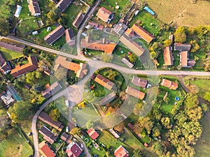 Aerial view of a small village.Top view of traditional housing estate in Czech. Looking straight down with a satellite image style