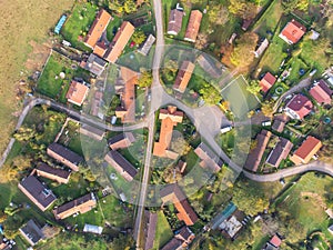 Aerial view of a small village.Top view of traditional housing estate in Czech. Looking straight down with a satellite image style