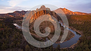 Aerial View Smith Rock Tuft and Basalt Cliffs Crooked River Sunset