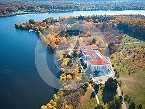 Aerial view of Snagov Palace and the lake