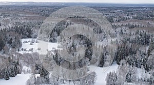 Aerial view of the snow-clad peaks and mosaic landscape of the Haanja upland, Voru county, Estonia