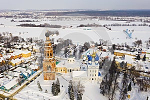 Aerial view of Bronnitsy townscape with Archangel Michael Cathedral in winter