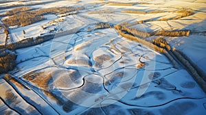 Aerial view of snow covered fields and meadows at sunset