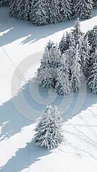 Aerial view of snow-covered fir trees in winter mountain forest. Winter nature background, Christmas holiday wallpaper