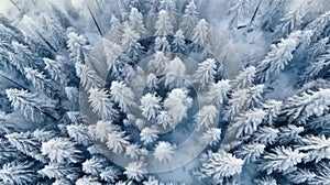 Aerial view of snow covered forest. Generative AI