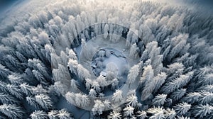 Aerial view of snow covered forest. Generative AI