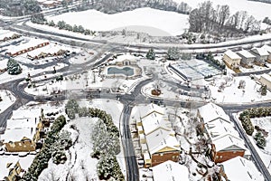 Aerial view snow covered houses in Atlanta Georgia suburbs