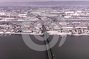 Aerial view on snow covered Portland metro area on a winter day in January 2017