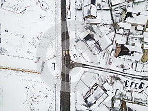 Aerial view of snow covered streets and roads during a blizzard (Wales