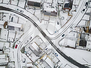 Aerial view of snow covered streets and roads during a blizzard (Wales