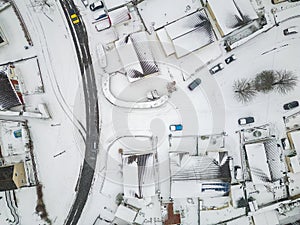 Aerial view of snow covered streets and roads during a blizzard (Wales