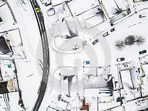 Aerial view of snow covered streets and roads during a blizzard (Wales