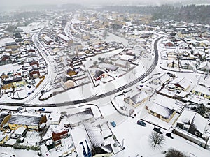 Aerial view of snow covered streets and roads during a blizzard (Wales