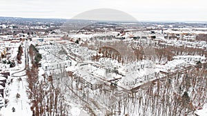 Aerial view of the snow dumped by Winter Storm Bailey in an Apartment