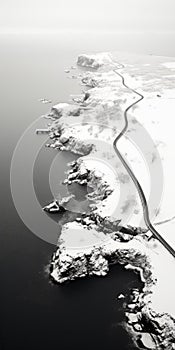 Aerial View Of Snow Road Near Water: Photorealistic Black And White Photograph