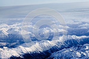 Aerial view of snowcapped peaks in BC, Canada