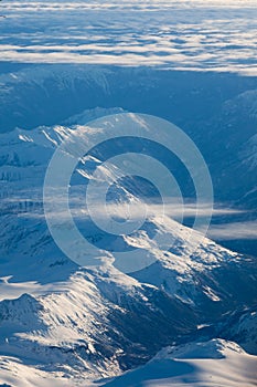 Aerial view of snowcapped peaks in BC, Canada