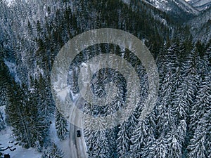 aerial view of snowed road in tatra mountains